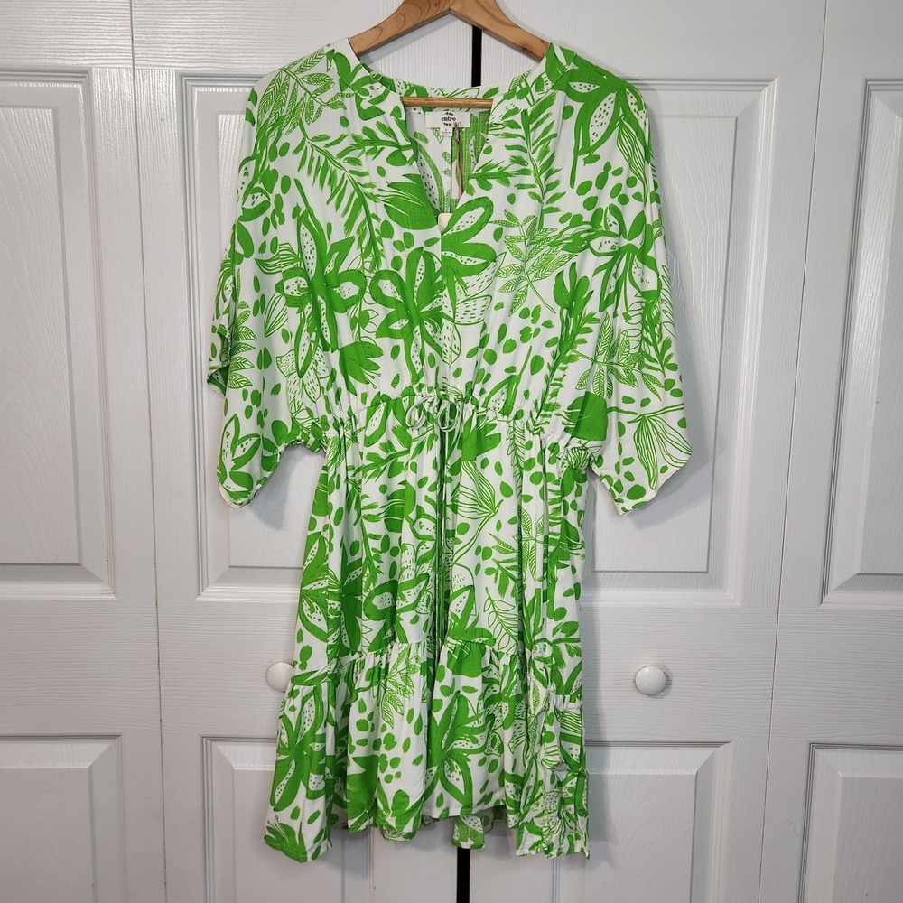 Entro Green White Tropical Botanical Mini Dress Kimono Sleeve Drawstring Small